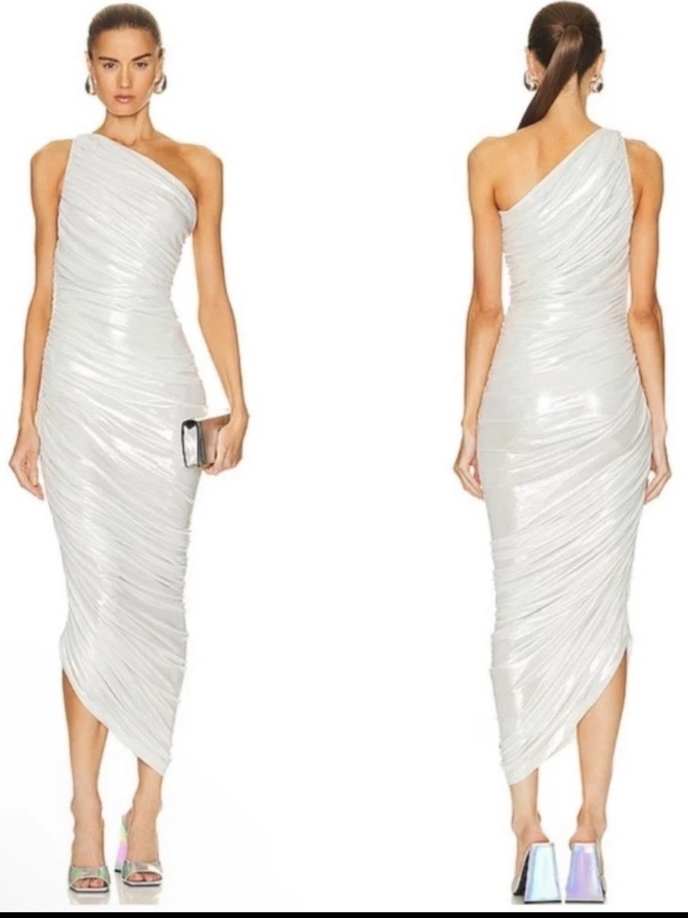 Norma Kamali Diana One-Shoulder Silver Pearl Draped Ruched Midi Dress, 36, S